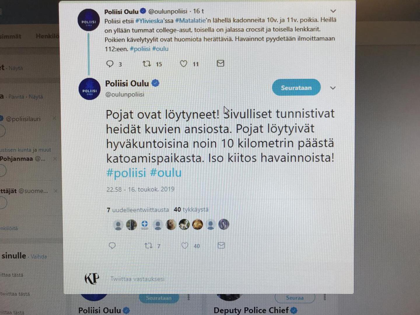 Oulun poliisi käynnisti ylivieskalaispoikien etsinnän poikkeuksellisesti sosiaalisen median avulla. Kuvassa poliisin Twitter-julkaisu.