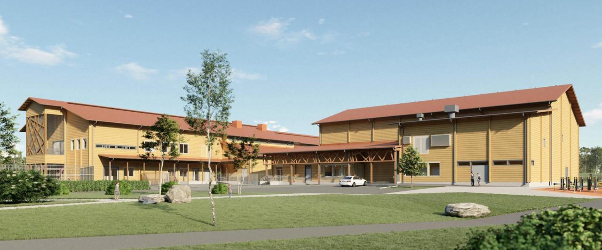 Uusi liikuntahalli muodostaa Saaren koulun kanssa toiminnallisen kokonaisuuden ja rakennukset yhdistetäänkin toisiinsa yhdyskäytävällä.
