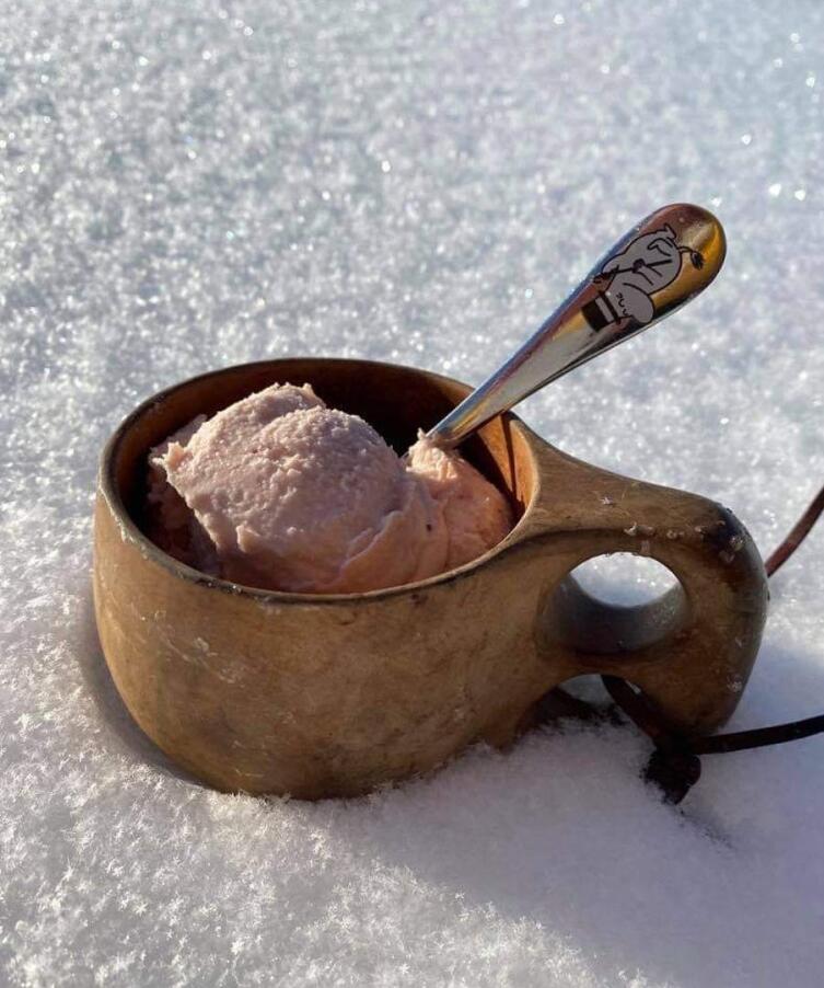 Jäätelön voi valmistaa hangen avulla.