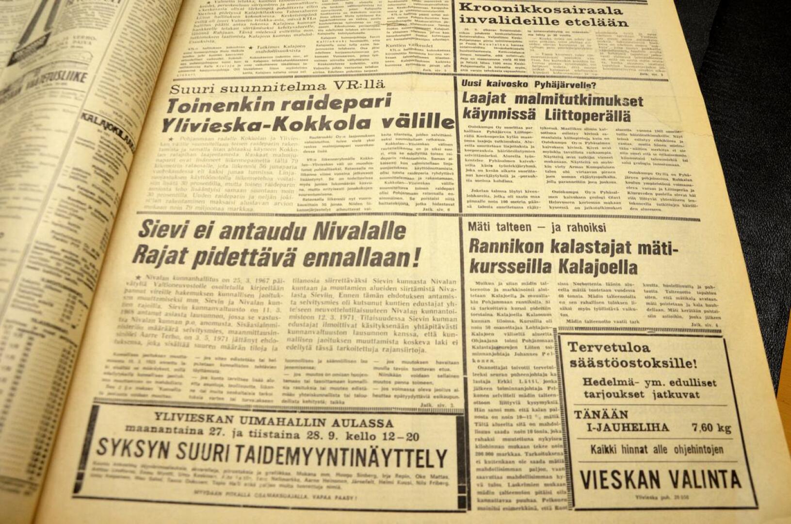 Syyskuussa 1971 etusivun uutisia Kalajokilaaksossa.