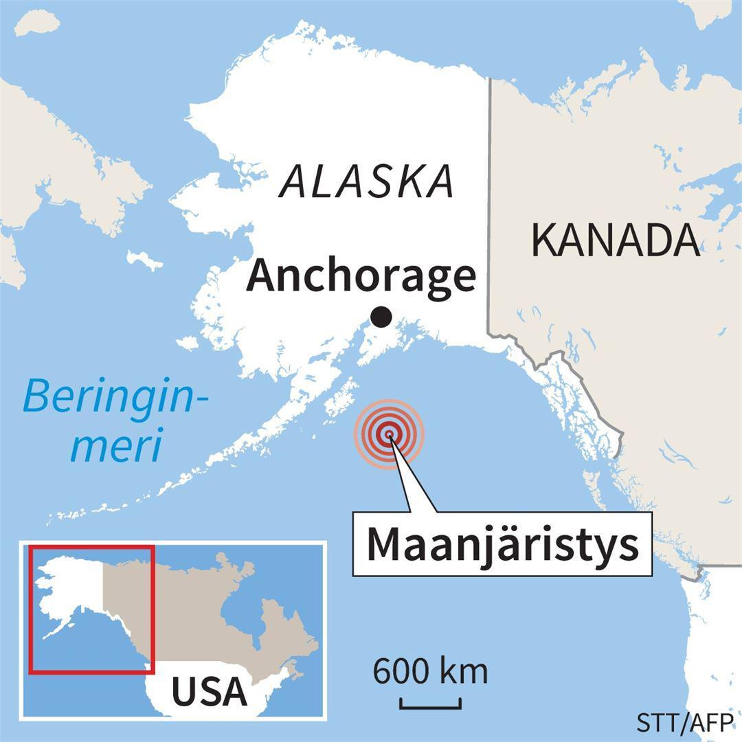 Maa järisi Alaskanlahdella reilut 250 kilometriä Kodiakinsaaresta kaakkoon. Grafiikka: STT / Maija Korpinen