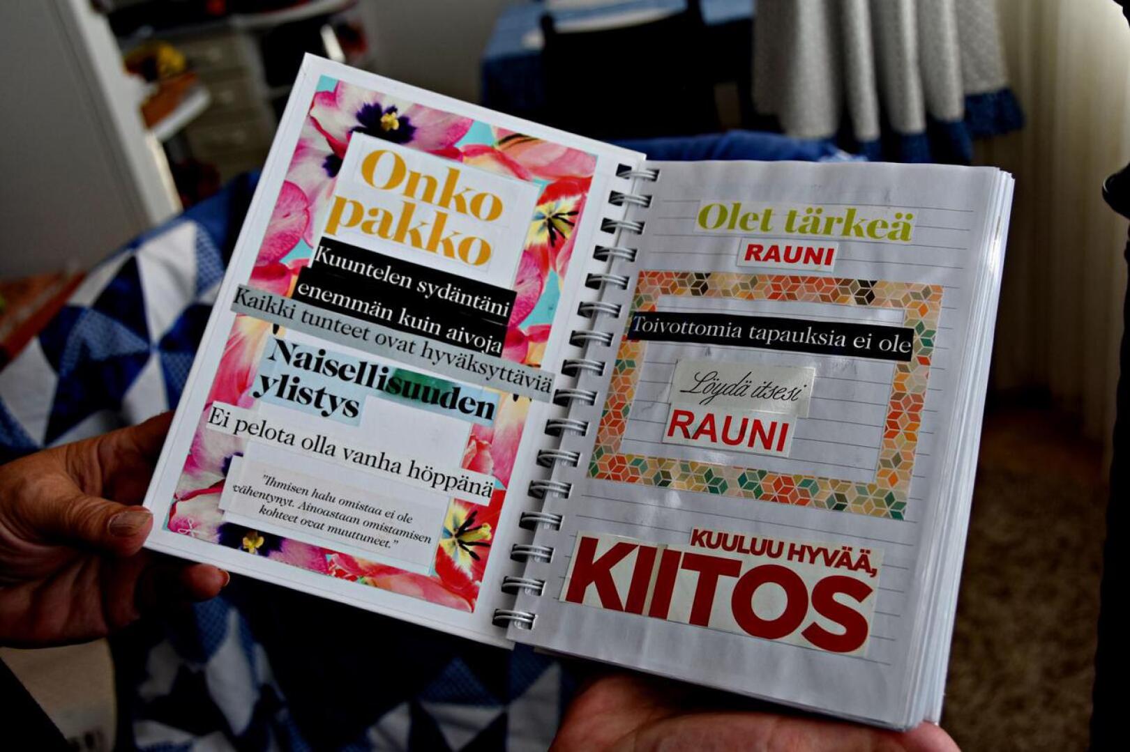 Rauni kirjoittaa joka aamu päiväkirjaa ja koostaa siihen myös leikkimieltä ja iloa pursuavia lehtileike-kollaaseita. 