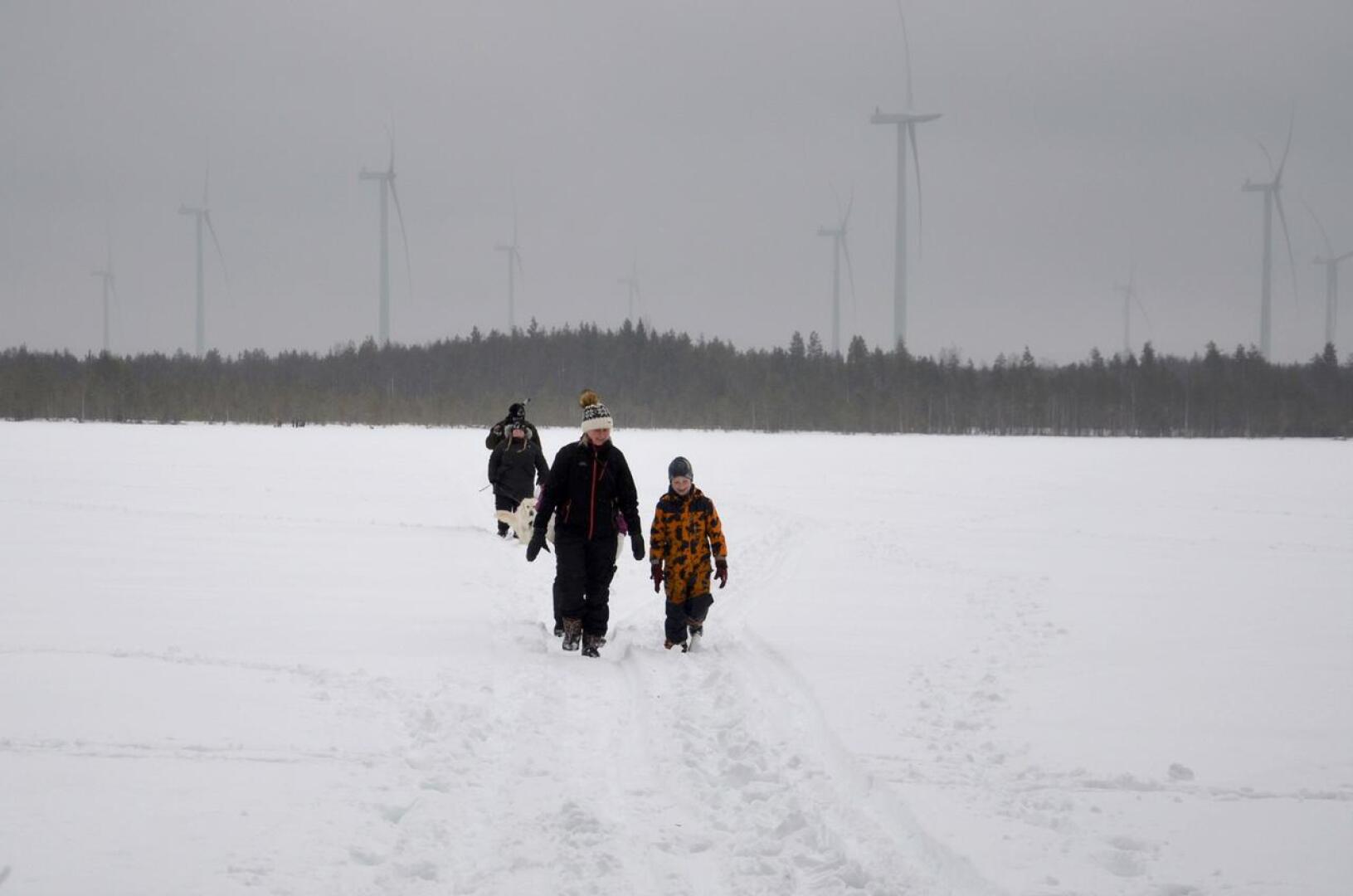 Myllyjen katveessa. Hietajärven pilkkikilpailut järjestettiin taas kolmen vuoden tauon jälkeen. Pilkkijät poistuivat jäältä kello 14. Liisa-Maria Päkkilä ja Anton Haapaniemi tulossa jäältä.
