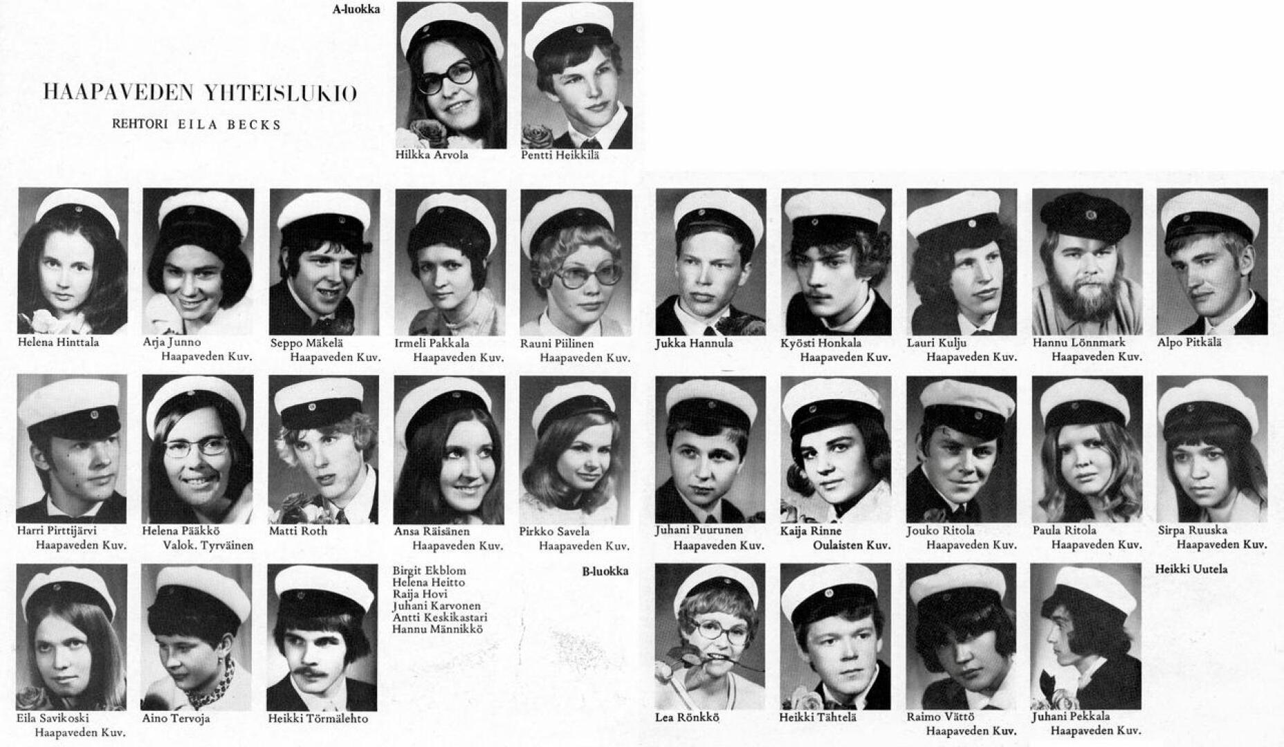 Haapaveden lukion kevään 1970 ylioppilaat Spes Patriae -kuvastossa. Ryhmäkuvaa ei silloin tiettävästi ole otettu. Tänä vuonna Haapavedellä otetaan ryhmäkuva, mutta aiempia vuosia väljemmin seisovasta joukosta ylioppilaita.