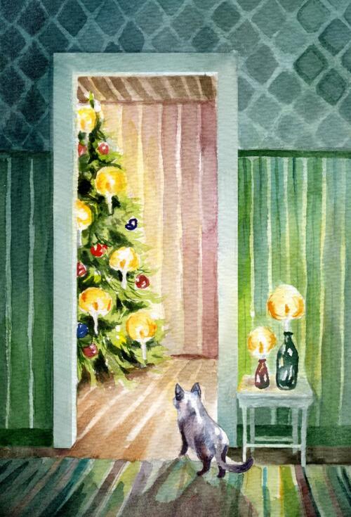 Haapavedeltä lähtöisin olevan Jutta Luukkosen kuvittamassa kotimaan ikimerkissä on joulun odotuksen tuntua. Tupa on siivottu, joulukuusi koristeltu ja kynttilät hehkuvat lämpöä.