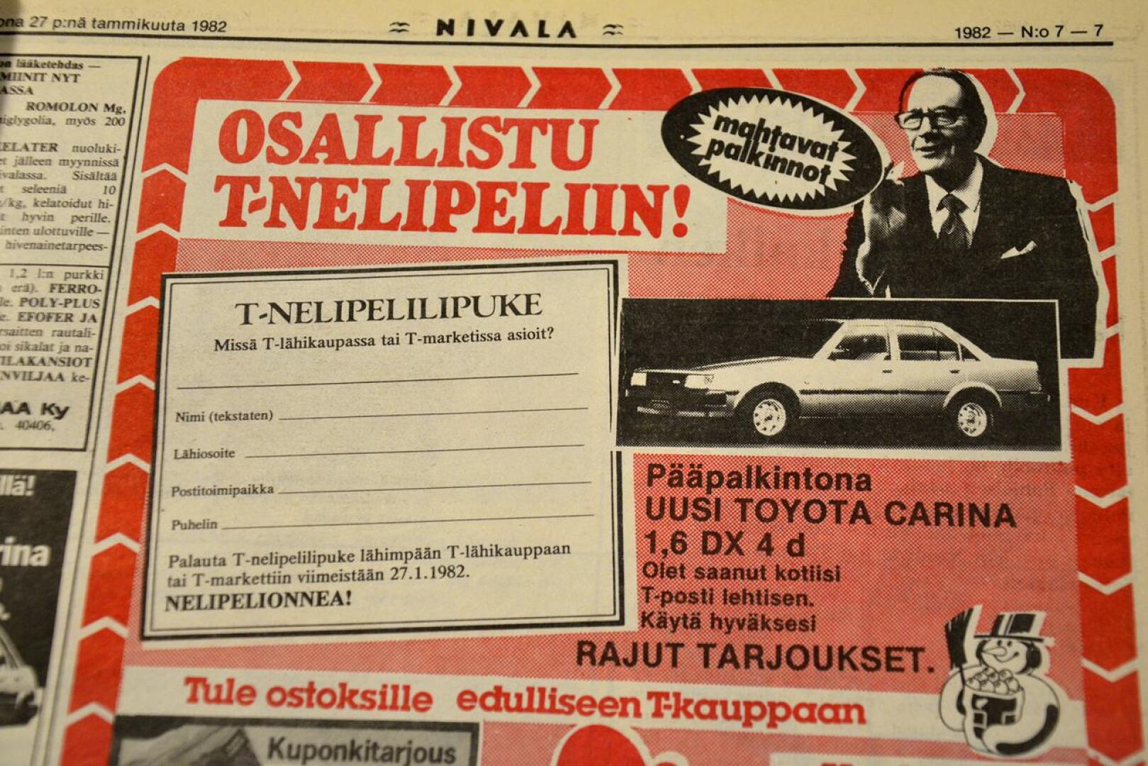 Nivala-lehdessä kerrottiin työllisyyden huonontumisesta 40 vuotta sitten. T-kauppa puolestaan innosti pelaamaan T-nelinpeliä, jossa oli uusi henkilöauto pääpalkintona.