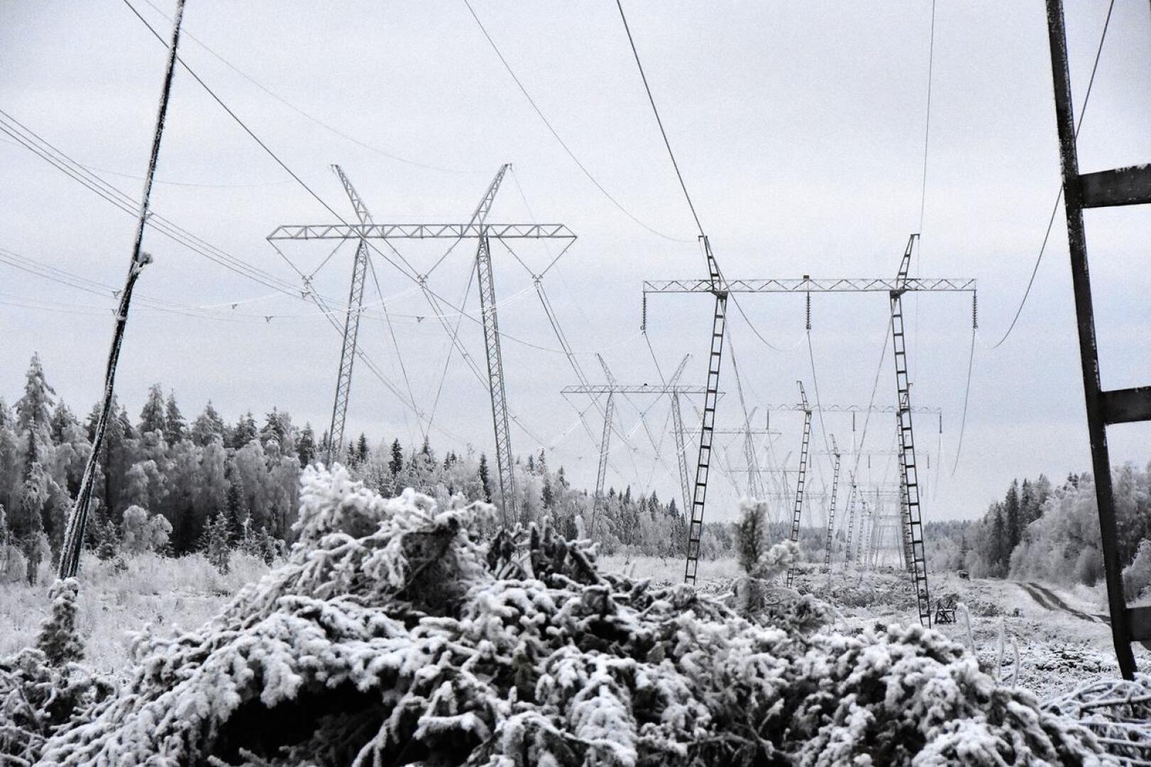 Fingridillä kulkee kaksi sähkönsiirtolinjaa vierekkäin Haapaveden pohjoispuolella.