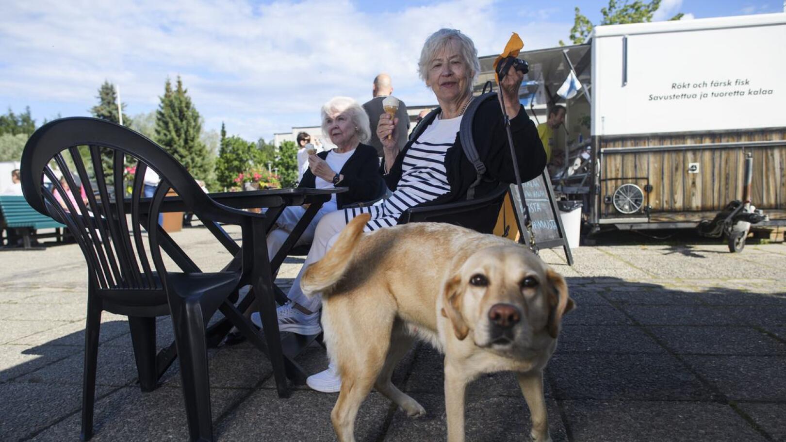 Riitta Kanniaisen ja Sirpa-Liisa Myllymäen mukana juhannusjäätelöllä on myös Pihla-koira.
