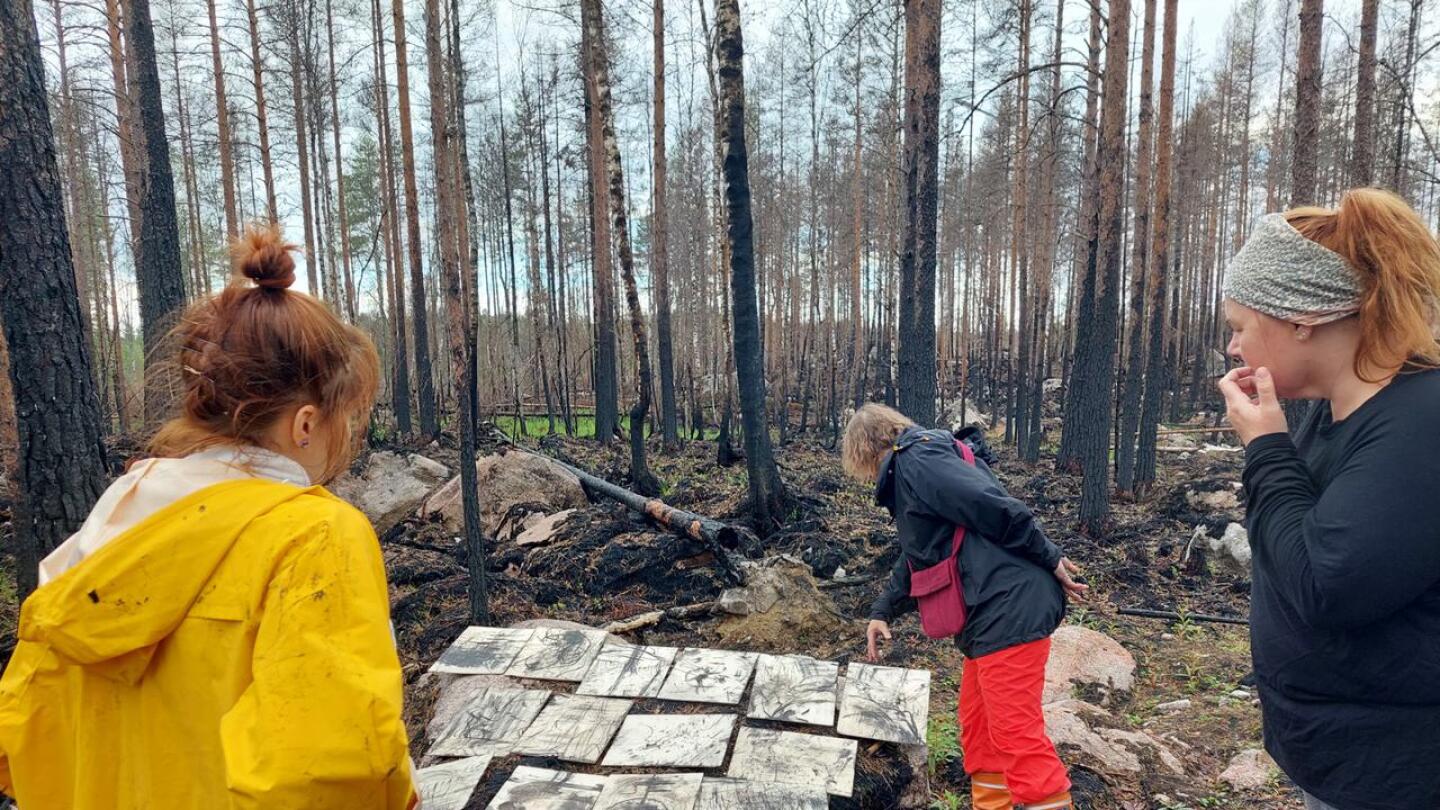 Raution metsäpaloalueella pidettiin heinäkuussa Metsän keho -työpajaa, jonka tuloksia on mukana taidenäyttelyssä.