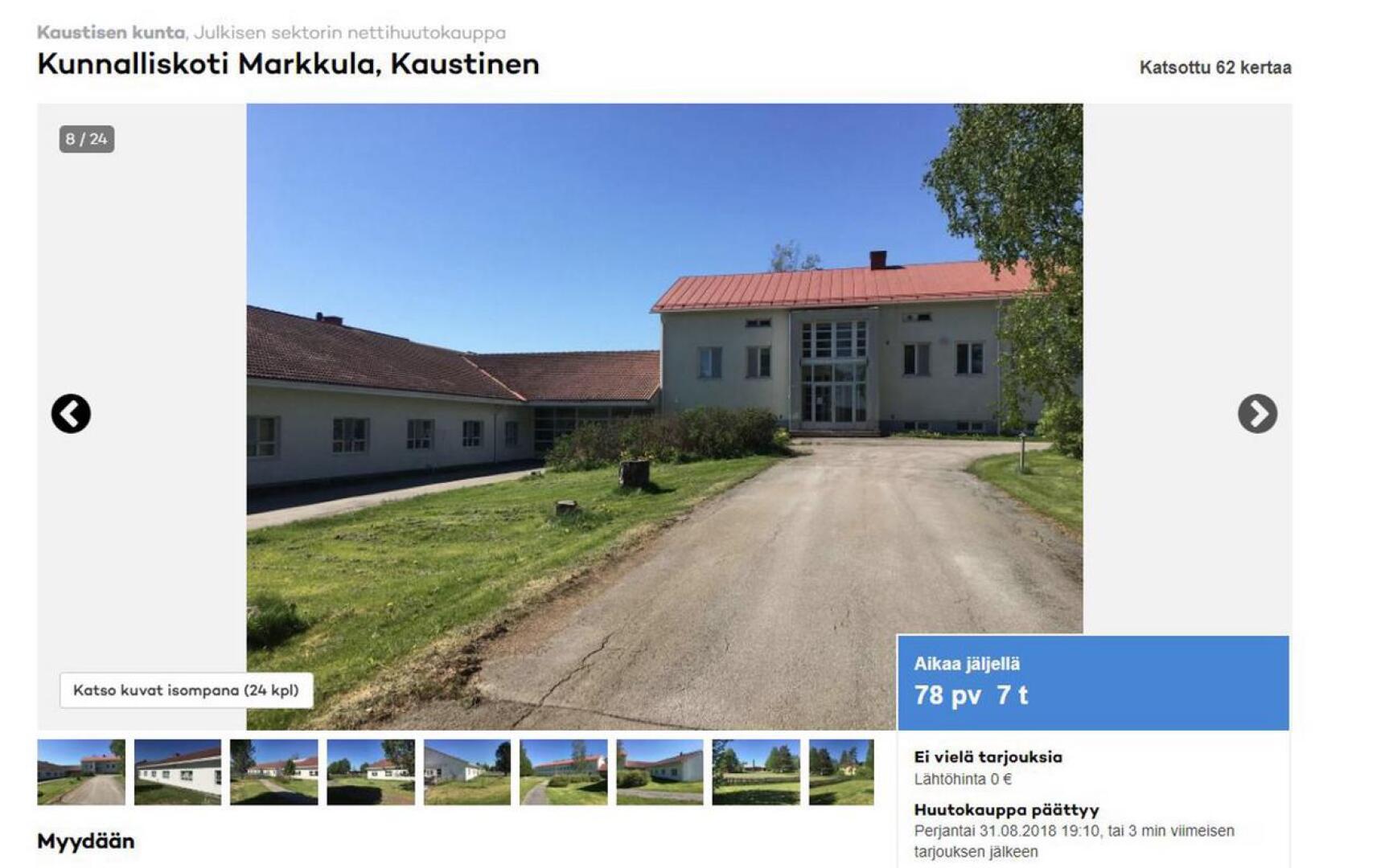 Kuvankaappaus Markkulan kunnalliskodin myynti-ilmoituksesta. 