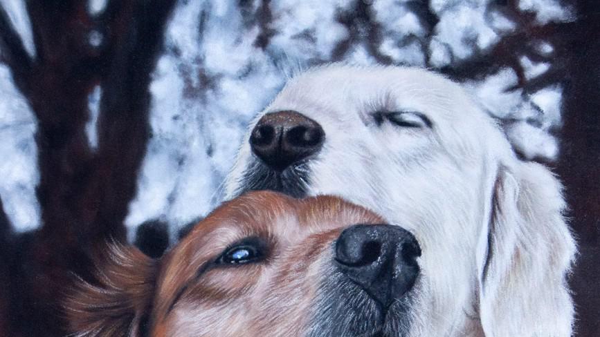 Tämä koirateos on piirretty pastelleilla.