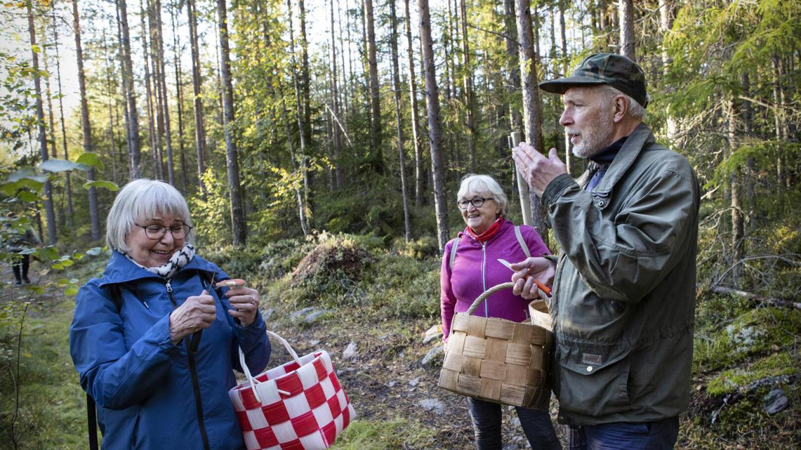 Sieniseuran puheenjohtaja Kenneth Bergroth opastaa sienten tunnistuksessa.– Sieniseuran mukana on turvallista tunnistaa sieniä ja kulkea metsässä, Pirkko-liisa Rahja ja Majlis Känsäkangas. 