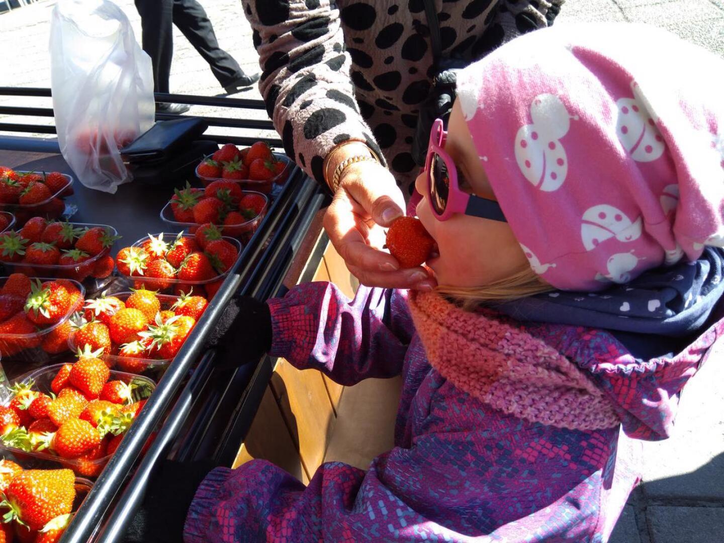 Nuori neito Alina maistoi kesän ensimmäistä kotimaista mansikkaa.

