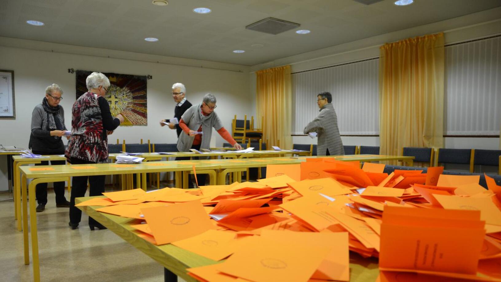 Seurakuntavaalien ääntenlaskentaa Kaustisella vuonna 2018. 