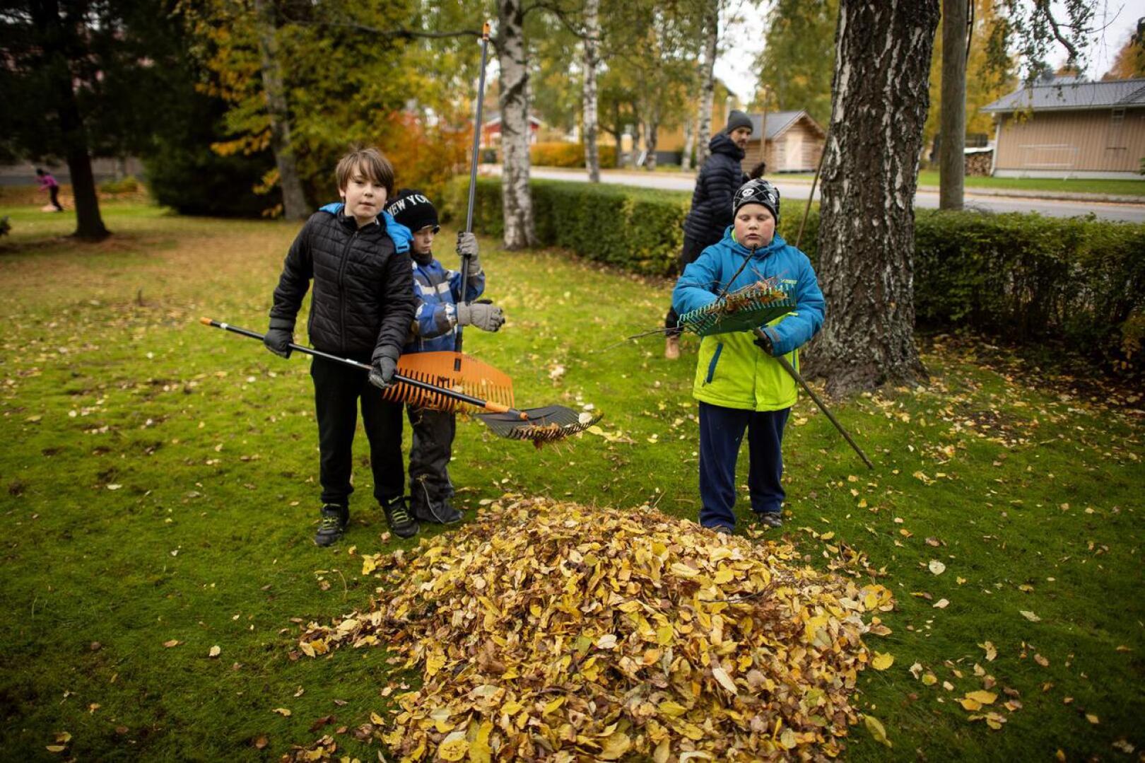 Santeri Sandfelt (vas.), Miko Syri ja Niilas Keränen ovat tykänneet Arjen taidot -valinnaiskurssista. Taustalla opettaja Anton Sunabacka.