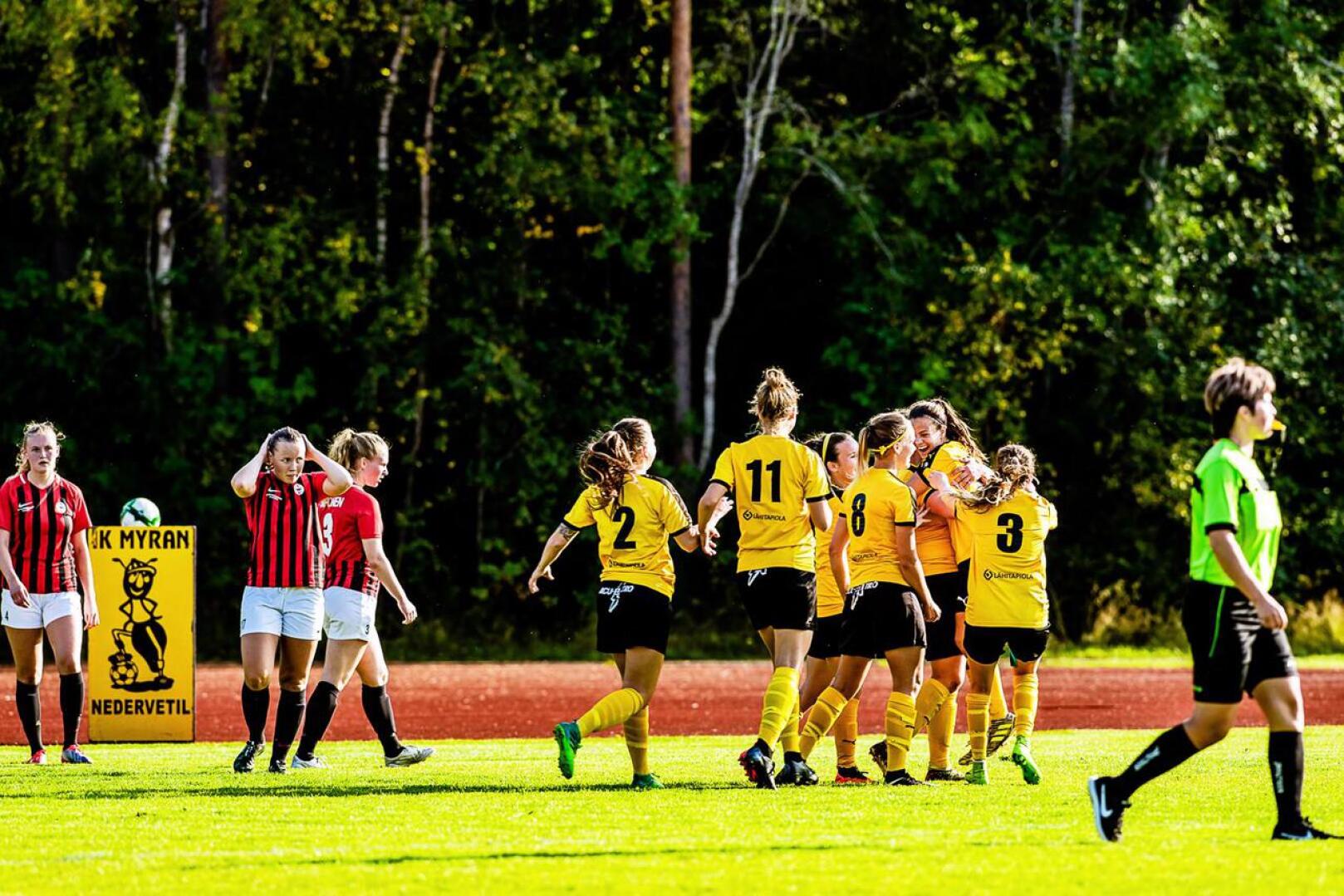 Naisten Ykkösen kärkipeli päättyi IK Myranin juhliin. Kapteeni Annika Grundvall puski voittomaalin lisäajalla.