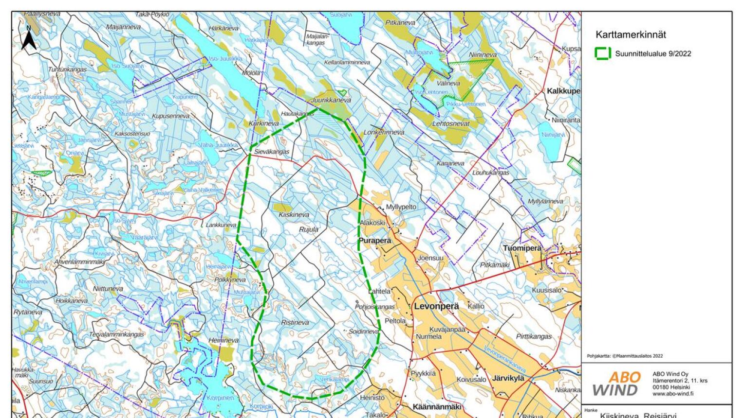 Kiiskinevan tuulipuistosuunnitelma kartassa vihreällä. 