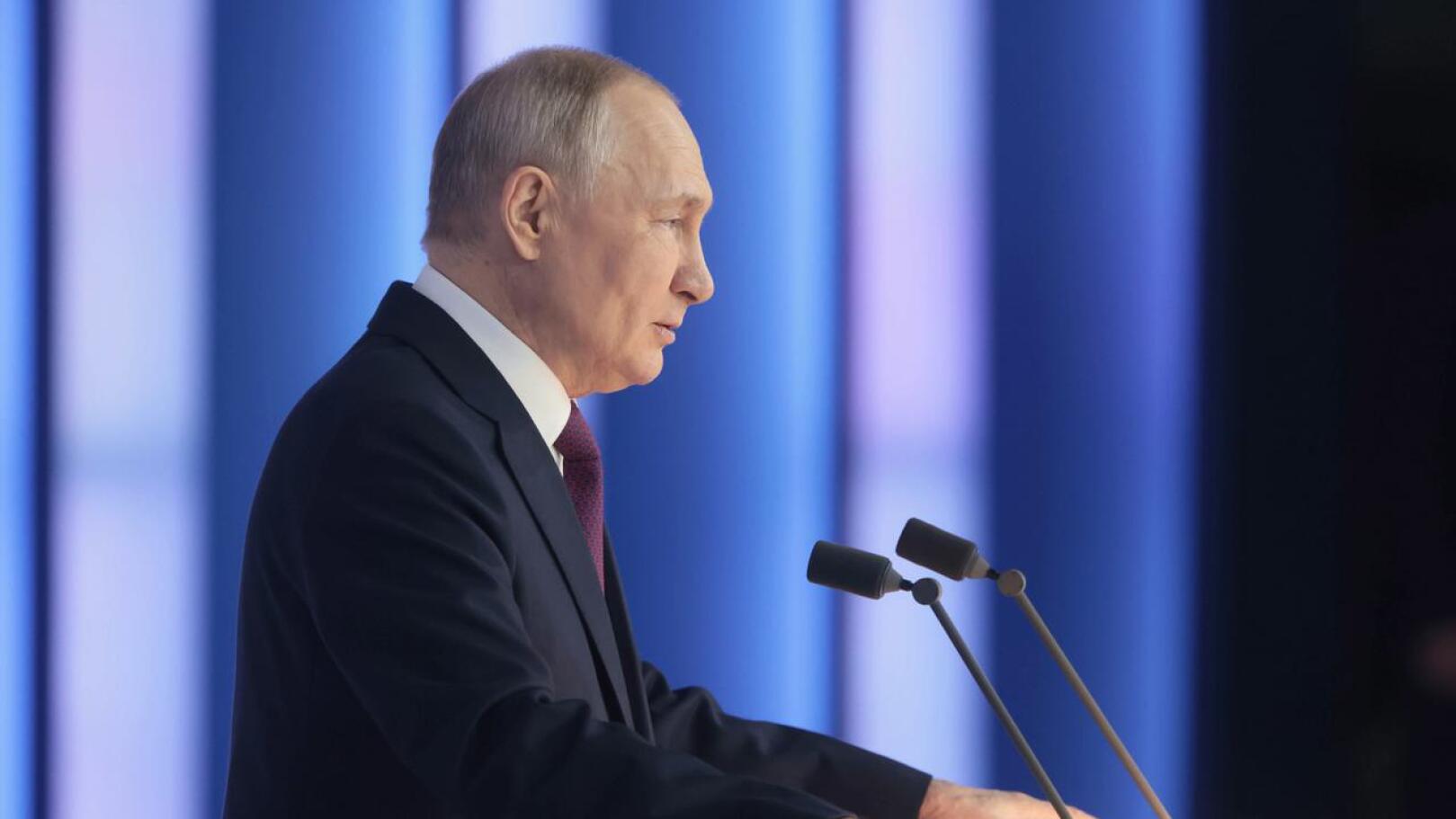 Venäjän presidentti Vladimir Putin pitämässä kansakunnan tilaa koskenutta puhettaan viime perjantaina.