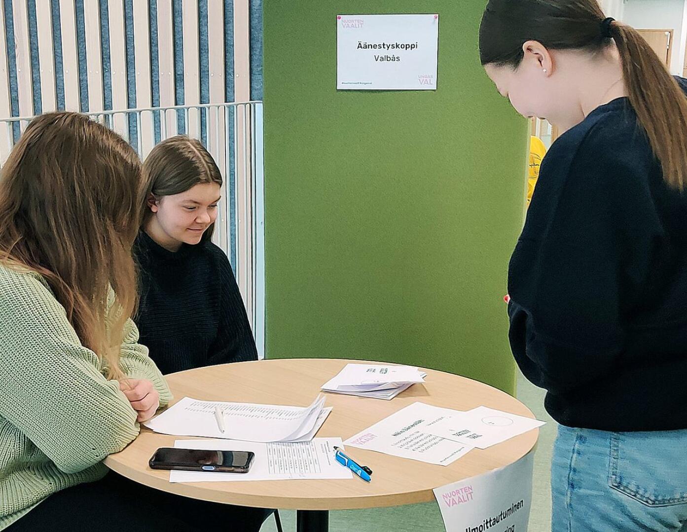 Haapaveden lukiolaiset äänestivät nuorisovaaleissa innokkaasti. Äänestysprosentti kohosi yli 78:n. Kuvassa vaalitoimistijat  Sanni Pyhälä ja Veera Aho. Äänestyksen käynnisti  Juulia Ollanketo.