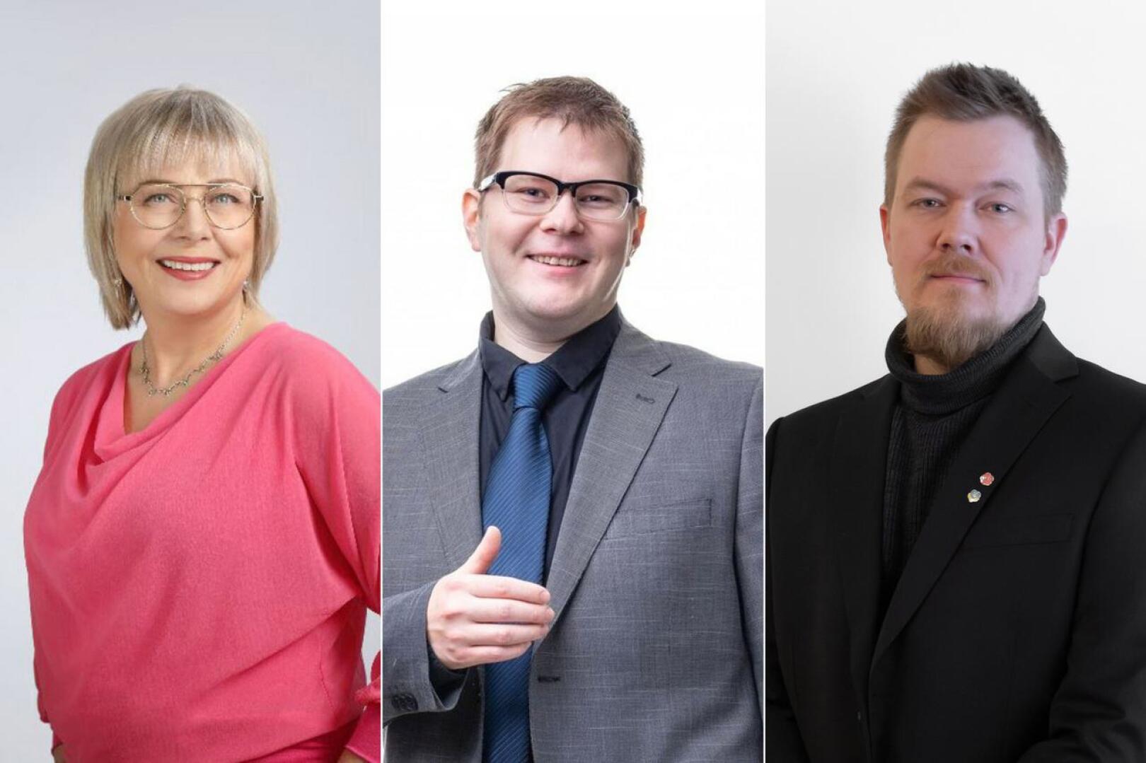 Keskustan Tuija Leivo-Rintakorpi, liberaalien Jussi Mäkipelto ja sosialidemokraattien Toni Syrjälä.