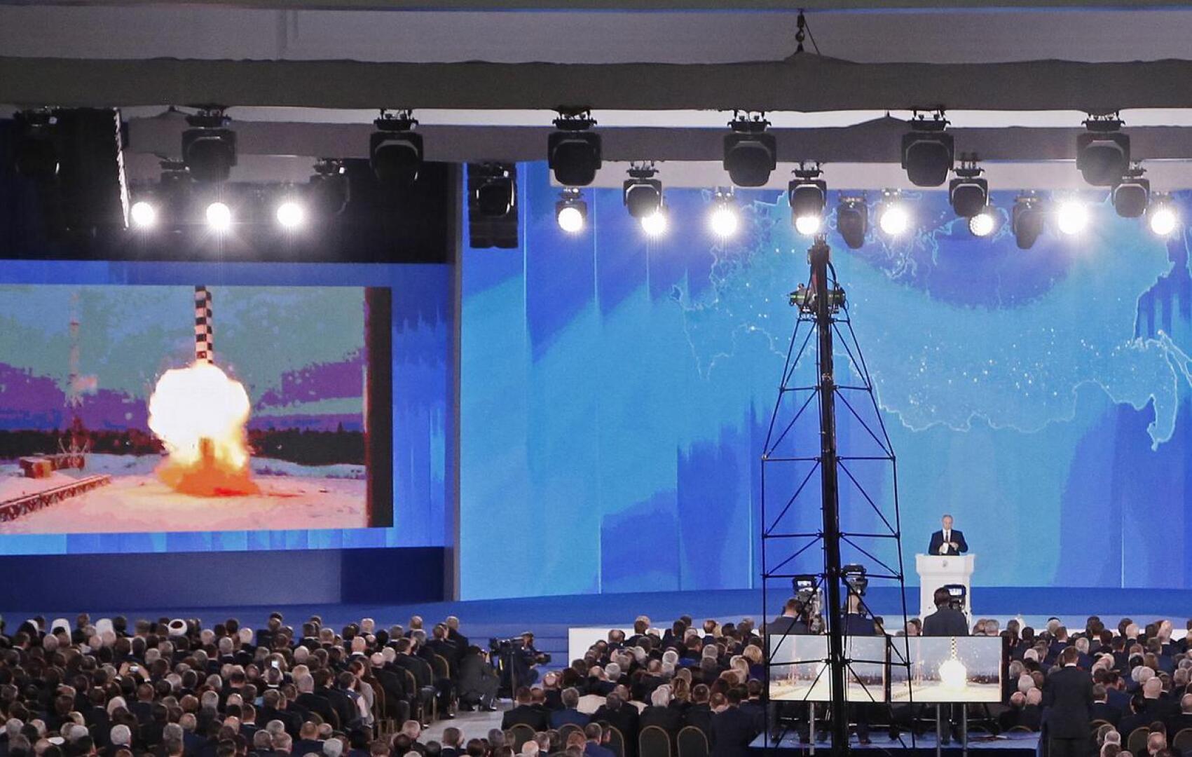 Vladimir Putin esitteli Venäjän uutta "superasetta" eli Burevestnik-ohjusta puheessaan viime vuonna.