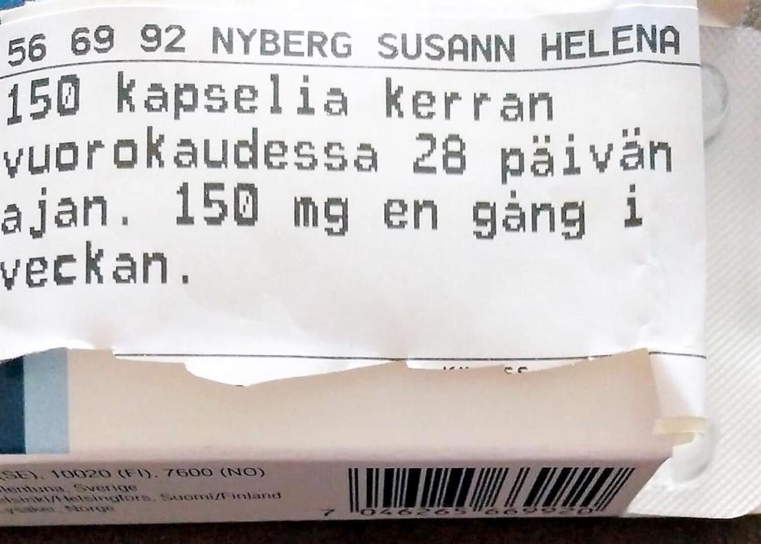 Lääkemääräyksen oikea annostus selviää ruotsinkielisestä tekstistä.