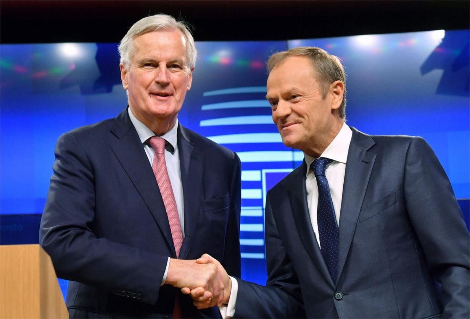 EU-maiden puolesta brexit-neuvotteluita on vetänyt Michel Barnier. Kuvassa Barnier ja Eurooppa-neuvoston puheenjohtaja Donald Tusk. LEHTIKUVA/AFP