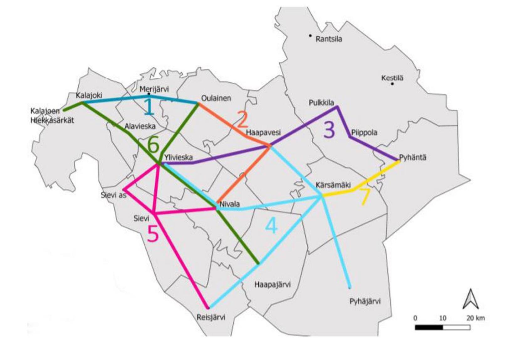 Kartassa näkyy yhteydet, joille ely on hankkimassa joukkoliikennettä jokilaaksojen alueella. Lisäksi alueella on markkinaehtoista sekä kuntien rahoittamaa joukkoliikennettä. 