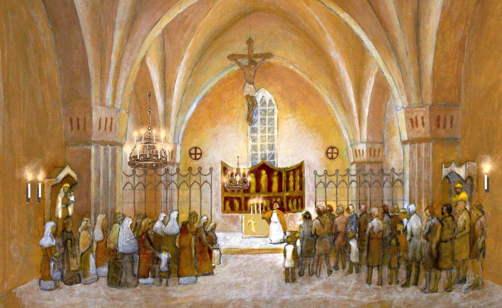 Seppo Kokkoniemen näkemys keskiaikaisesta messusta Pedersören kirkossa. Kirjan kuvitusta. 
